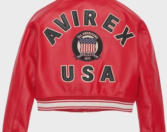 Avirex USA Red Leather Cropped Varsity Jacket with Embroidered Back Patch. Gift for you