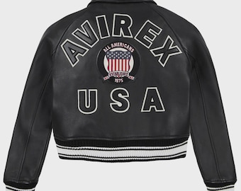 Avirex USA Cropped Varsity Jacket in Classic Black, Gift for you.