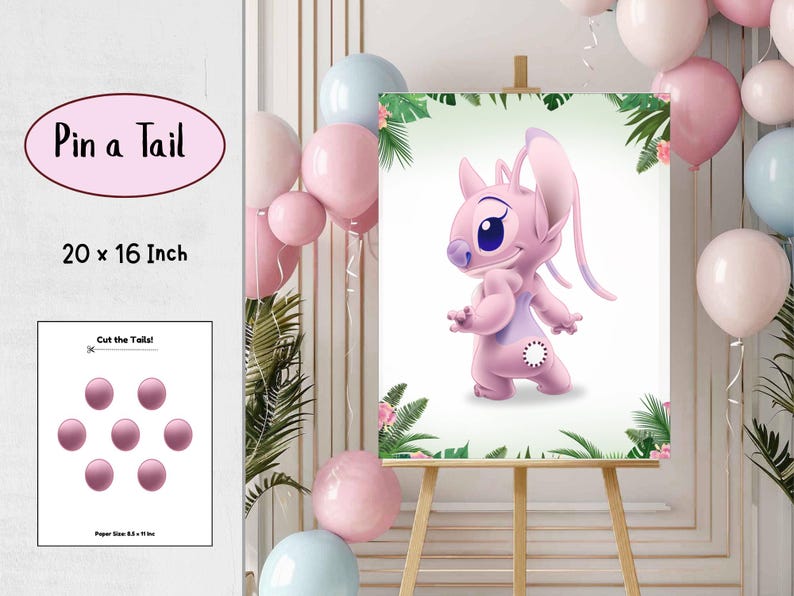 Puede incluir: Un p&oacute;ster de personaje de dibujos animados rosa con el texto "Pin a Tail" y "20 x 16 Inch" (50,8 x 40,6 cm). El p&oacute;ster est&aacute; sobre un caballete, rodeado de globos rosas y azules. Tambi&eacute;n se ve un juego m&aacute;s peque&ntilde;o con c&iacute;rculos morados.