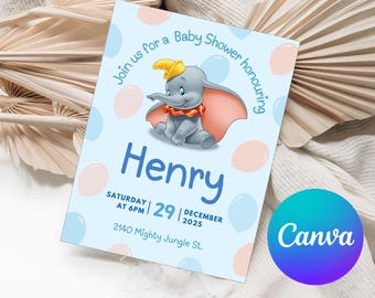 Invitación para baby shower y revelación de género de Baby Dumbo / Plantilla de invitación de elefante Dumbo / Descarga digital editable