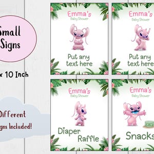 Puede incluir: Conjunto de cuatro letreros para baby shower, cada uno con un personaje de dibujos animados rosa y follaje tropical. Los letreros miden 20 x 25 cm e incluyen texto como "Emma's Baby Shower" y "Put any text here".