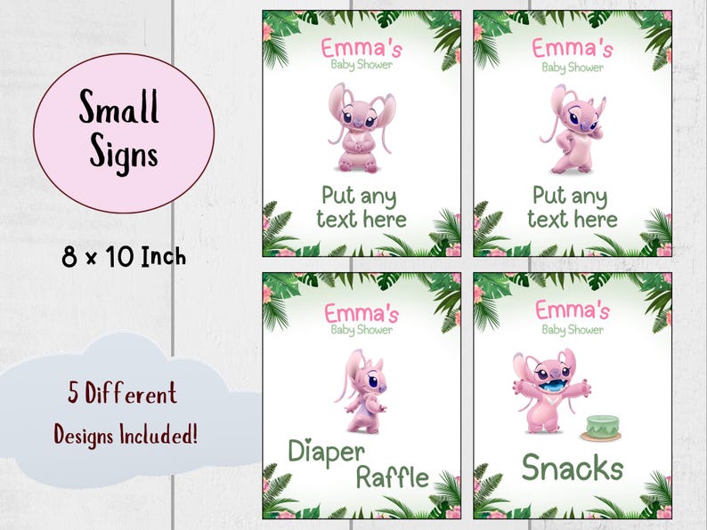 Puede incluir: Conjunto de cuatro letreros para baby shower, cada uno con un personaje de dibujos animados rosa y follaje tropical. Los letreros miden 20 x 25 cm e incluyen texto como "Emma's Baby Shower" y "Put any text here".