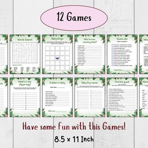 Puede incluir: Un conjunto de 12 juegos para baby shower impresos en papel blanco. Los juegos incluyen "Baby Girl Names", "Words Search", "Baby Bingo" y "Who Knows Mommy Best?". Tambi&eacute;n se muestra el texto "&iexcl;Divi&eacute;rtete con estos juegos!" y las dimensiones 21,6 x 27,9 cm.