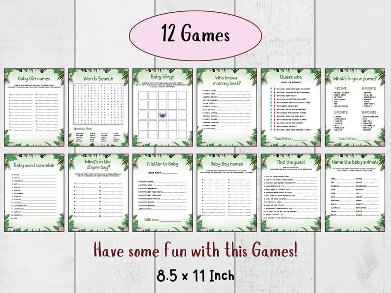 Puede incluir: Un conjunto de 12 juegos para baby shower impresos en papel blanco. Los juegos incluyen "Baby Girl Names", "Words Search", "Baby Bingo" y "Who Knows Mommy Best?". Tambi&eacute;n se muestra el texto "&iexcl;Divi&eacute;rtete con estos juegos!" y las dimensiones 21,6 x 27,9 cm.