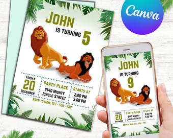 Mufasa Geburtstagseinladung, bearbeitbare Lion King Party-Einladung, Mufasa Film einladen, Lion King Einladung Jungle Themed Scar Brother Boys