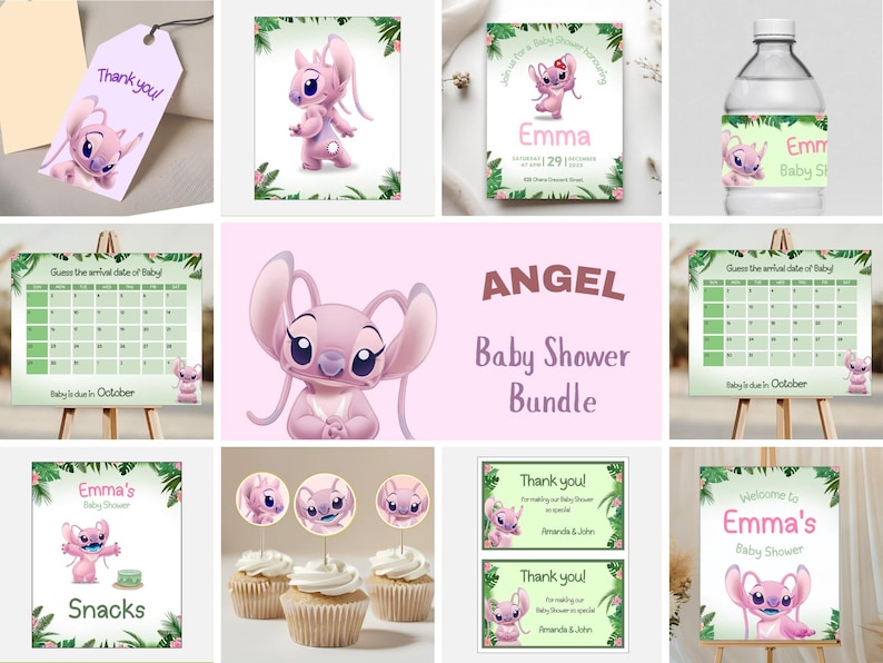 Puede incluir: Un conjunto de decoraci&oacute;n para baby shower con un personaje de dibujos animados rosa. El conjunto incluye invitaciones, etiquetas para botellas de agua, adornos para cupcakes, un calendario, etiquetas de agradecimiento y un letrero de bienvenida. El texto "ANGEL Baby Shower Bundle" tambi&eacute;n es visible.