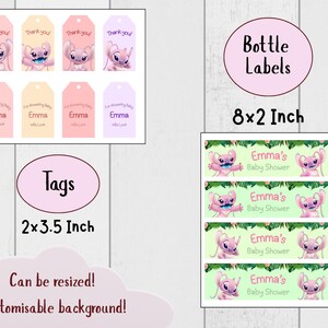 Puede incluir: Un conjunto de etiquetas y etiquetas para un baby shower. La imagen incluye etiquetas para botellas, etiquetas y el texto "Emma's Baby Shower". Las etiquetas miden 5,08 cm x 8,89 cm, y las etiquetas para botellas miden 20,32 cm x 5,08 cm.