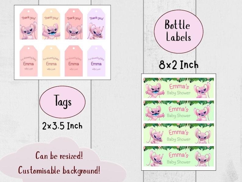 Puede incluir: Un conjunto de etiquetas y etiquetas para un baby shower. La imagen incluye etiquetas para botellas, etiquetas y el texto "Emma's Baby Shower". Las etiquetas miden 5,08 cm x 8,89 cm, y las etiquetas para botellas miden 20,32 cm x 5,08 cm.