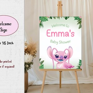 Puede incluir: Un letrero de bienvenida para un baby shower, exhibido en un caballete. El letrero, de 50,8 x 40,6 cm, presenta el texto "Welcome to Emma's Baby Shower" y un personaje de dibujos animados rosa. Hojas verdes enmarcan el dise&ntilde;o.