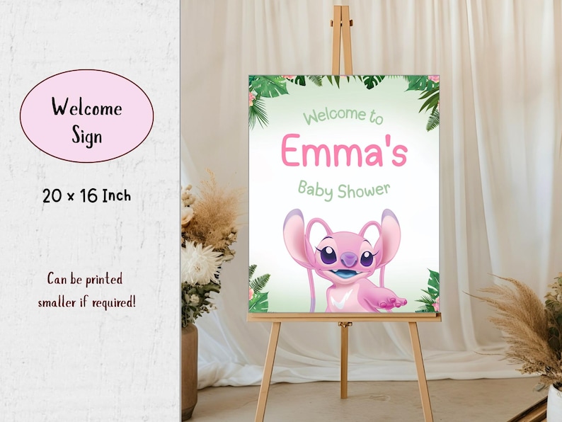 Puede incluir: Un letrero de bienvenida para un baby shower, exhibido en un caballete. El letrero, de 50,8 x 40,6 cm, presenta el texto "Welcome to Emma's Baby Shower" y un personaje de dibujos animados rosa. Hojas verdes enmarcan el dise&ntilde;o.