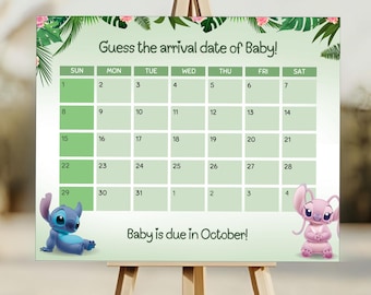 Stich-Babyparty-Baby Aufgrund Zeichen, Hawaii-Geburtstag-Willkommens-Brett, bearbeitbares Engel Guess Baby Datum Poster, Junge Mädchen Zeichen, digitaler Download
