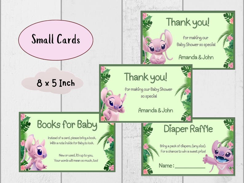 Puede incluir: Un conjunto de tarjetas para baby shower con tem&aacute;tica tropical. Las tarjetas presentan un personaje de dibujos animados rosa, bordes verdes y texto como "&iexcl;Gracias!" y "Libros para el beb&eacute;". Las tarjetas miden 20 x 13 cm.