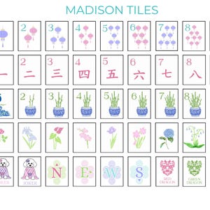 K&ouml;nnte beinhalten: Eine Sammlung illustrierter Kacheln mit dem Text "MADISON TILES" oben. Die Kacheln zeigen verschiedene Designs, darunter Laternen, Zahlen, Blumen und einen Pfau. Einige Kacheln haben chinesische Schriftzeichen.