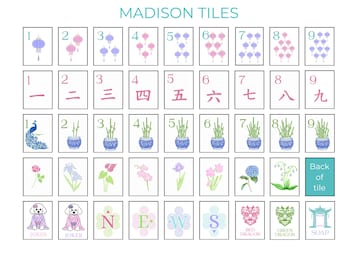 May include: A collection of illustrated tiles with the text "MADISON TILES" at the top. The tiles feature various designs, including lanterns, numbers, flowers, and a peacock. Some tiles have Chinese characters.