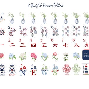 May include: A collection of decorative tiles with nautical and floral designs. The tiles feature images of sailboats, ship wheels, hydrangeas, and a lighthouse. The text "Gulf Breeze Tiles" is at the top, and the word "JOKER" is below two dog illustrations.