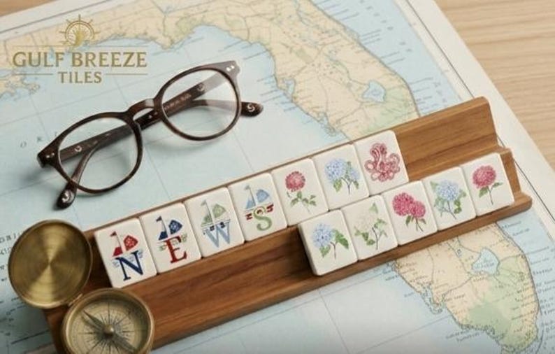 May include: A wooden tile holder with decorative tiles featuring floral and nautical designs. The tiles spell out "NEWS" and display various flower and sailboat illustrations. A pair of brown glasses and a compass are also present.