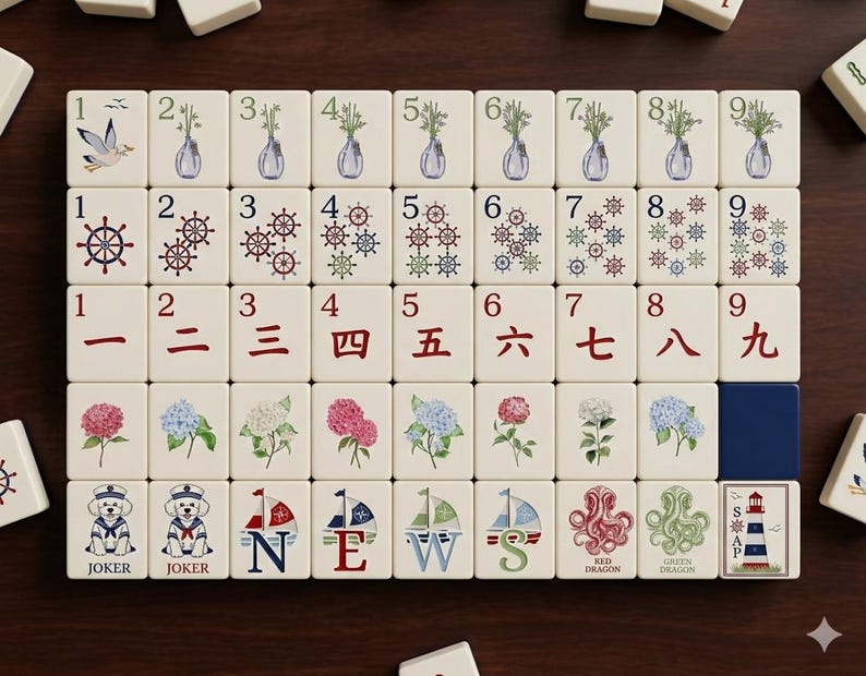 May include: A complete set of ivory-colored Mahjong tiles. The tiles feature various nautical and floral designs, including sailboats, anchors, and flowers. Numbers and Chinese characters are also present on the tiles.