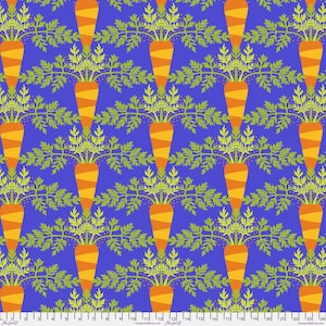 May include: A repeating pattern of orange carrots with green leafy tops on a blue background. The carrots have diagonal orange stripes. The leaves are a light green color. The design is symmetrical and evenly spaced.