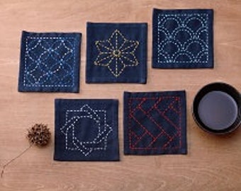 Sashiko Coaster 5-piece sampler - Olympus Threads - preprinted wash out fabric Beginner