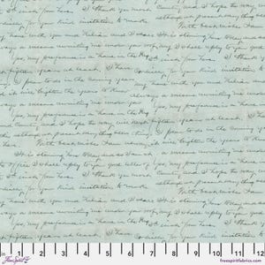 May include: Light blue fabric with handwritten script in black ink. The script is repeated across the fabric. The fabric has a vintage, antique aesthetic. The fabric is measured in inches.