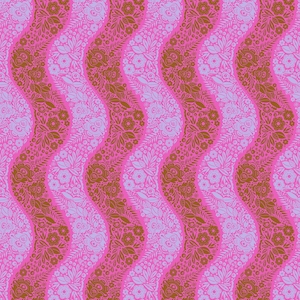 May include: A repeating pattern featuring vertical, wavy stripes in shades of pink, brown, and light purple. The stripes are filled with floral and leaf motifs, creating a textured, decorative design.