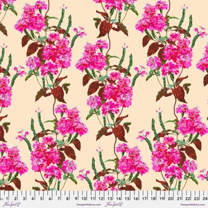 May include: A seamless fabric pattern featuring pink flowers with green leaves and stems on a light beige background.