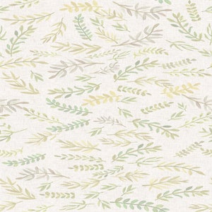 May include: A repeating pattern of watercolor-style botanical elements. The design features various green and yellow-toned leaves and sprigs scattered across a cream-colored background, creating a natural, organic aesthetic.