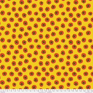 May include: A repeating pattern of red tomato illustrations with green stems on a yellow background. The tomatoes are evenly spaced across the fabric. The design is simple and bold, suitable for various craft projects.