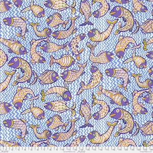 May include: A repeating pattern of stylized fish in shades of purple, yellow, and white against a light blue zigzag background. The fish vary in shape and design, creating a whimsical and decorative fabric print.