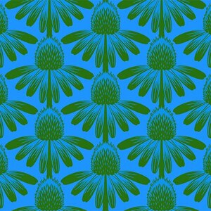May include: A seamless pattern featuring green stylized flowers on a light blue background.
