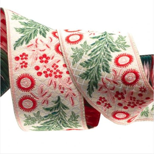 Red and Green Garland on Ecru by French General by Renaissance Ribbons, by the yard