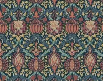 May include: A teal blue fabric with a repeating pattern of stylized pomegranates, vines, and leaves in shades of red, orange, yellow, and green.