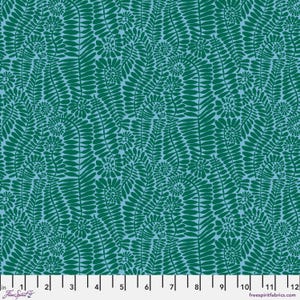 May include: A teal blue fabric with a repeating pattern of green fern leaves and stylized flowers.