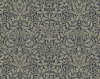 May include: A seamless pattern featuring a repeating design of stylized oak leaves, acorns, and flowers in a beige color on a dark blue background.