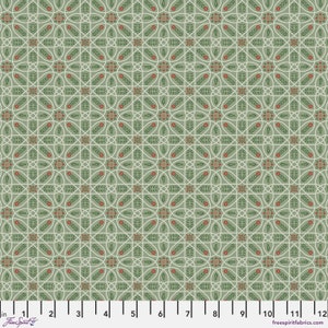 May include: A repeating pattern of green leaves and red flowers within a white geometric design on a light green background.