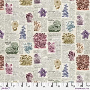 May include: Fabric with a vintage botanical print featuring various flowers and text on a cream background. The flowers are in shades of purple, pink, green, and yellow. The text includes the word "CANDYTUFT".
