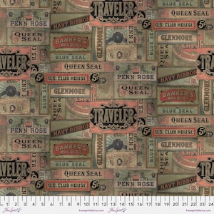 May include: A vintage-style fabric design featuring a repeating pattern of colorful labels with text like "Traveler", "Penn Rose", "Queen Seal", "Navy Ribbon", "Banker's Bouquet", "Blue Seal", "Glenmore", and "U.S. Club House". The labels are in various shades of green, blue, pink, and brown, with gold accents.
