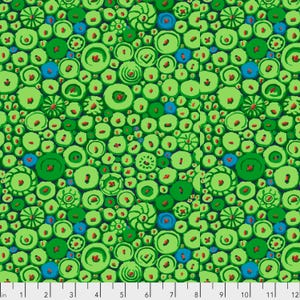 May include: A seamless pattern of green, blue, and red circles on a dark blue background. The circles are of varying sizes and have different patterns and textures.