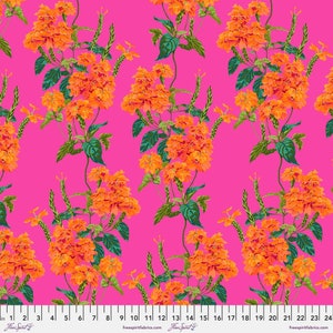 May include: A seamless fabric pattern featuring orange flowers with green leaves on a bright pink background.