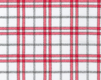 May include: White fabric with a red and black plaid pattern. The design features a grid of intersecting red and black lines over a white background. The fabric has a soft, textured appearance.