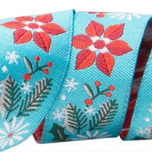 Poinsettia Turquoise and Red 7/8" by Renaissance Ribbons