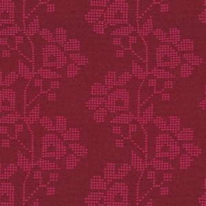 May include: A deep burgundy fabric featuring a repeating floral pattern composed of small, textured dots in a slightly lighter shade of red. The design displays stylized flowers and leaves arranged in a vertical, flowing vine-like structure.