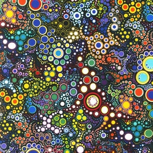 May include: Abstract pattern with colorful circles of various sizes on a black background. The circles are arranged in a swirling, organic pattern, creating a sense of movement and energy.