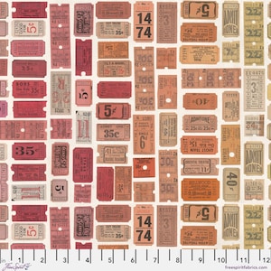May include: A fabric pattern featuring a collage of vintage-style tickets in shades of red, orange, and tan. The tickets display various text, including prices, theater names, and the words "ADMIT ONE".