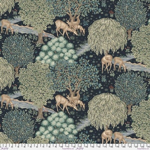 May include: A dark blue fabric with a repeating pattern of stylized trees, a winding stream, and deer. The deer are brown and have antlers. The trees are green and have a variety of leaf shapes. The stream is light blue and has a wavy pattern.