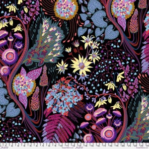 May include: A black background with a colorful floral pattern. The flowers are in shades of pink, purple, blue, yellow, and green. The pattern is intricate and detailed, with a variety of different flowers and leaves.