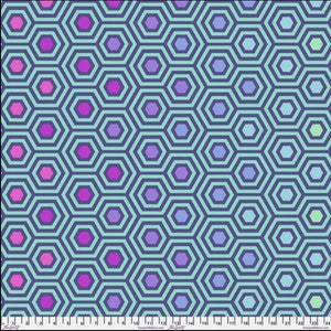 May include: A repeating pattern of blue, purple, and pink hexagons on a light blue background. The hexagons are outlined in dark blue.