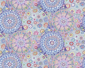 May include: A fabric with a repeating pattern of large, circular floral designs in shades of blue, pink, and purple. The background is a light gray color, and the design includes smaller floral and geometric shapes. The fabric is measured in inches.