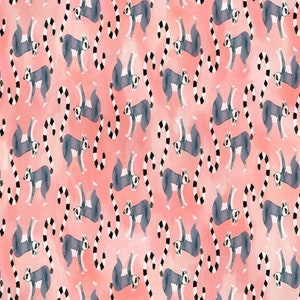 May include: A seamless pattern featuring a repeating design of black and white ring-tailed lemurs on a pink background. The lemurs are depicted in a variety of poses, with their tails curled around their bodies.