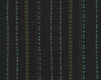 May include: Black fabric with vertical stripes in shades of green and blue.
